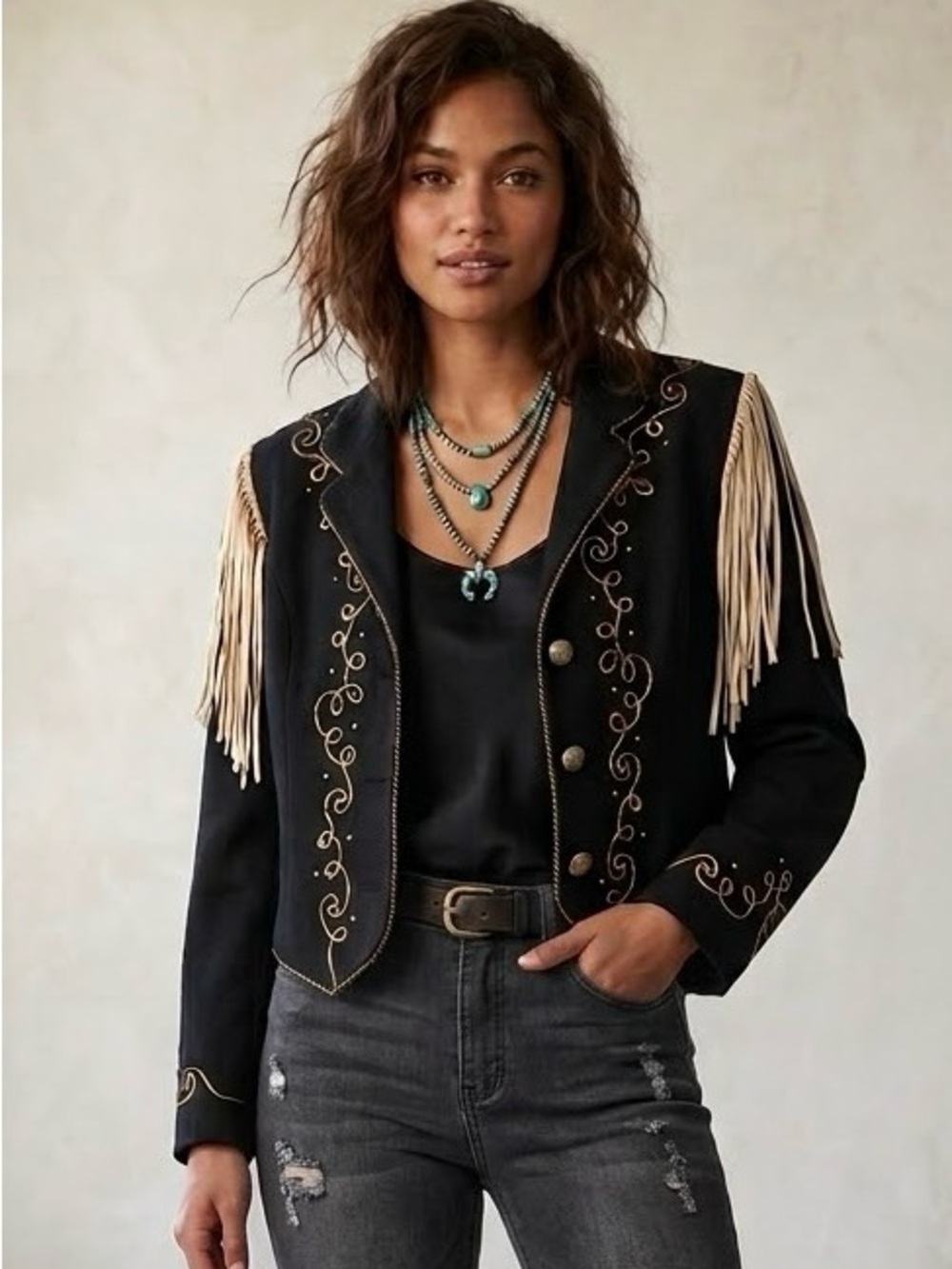 Phoenix USA Frontier Collection Wool Jacket with Cream Fringe & Embroidery